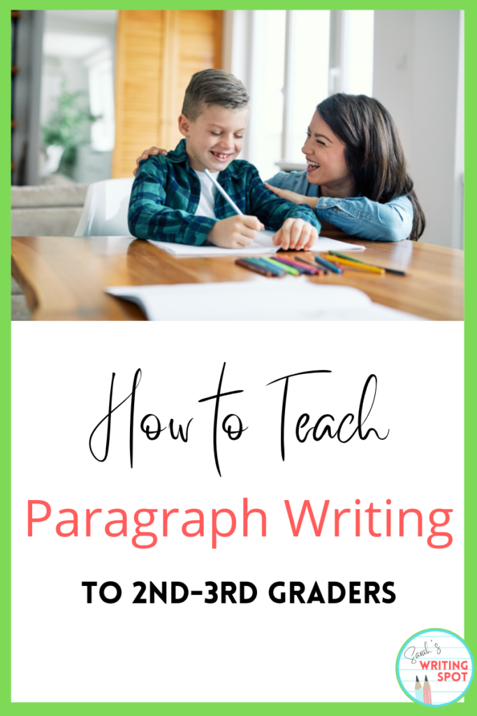 a picture of a mother next to her son modeling teaching writing to beginners for paragraph writing in 2nd-3rd grade
