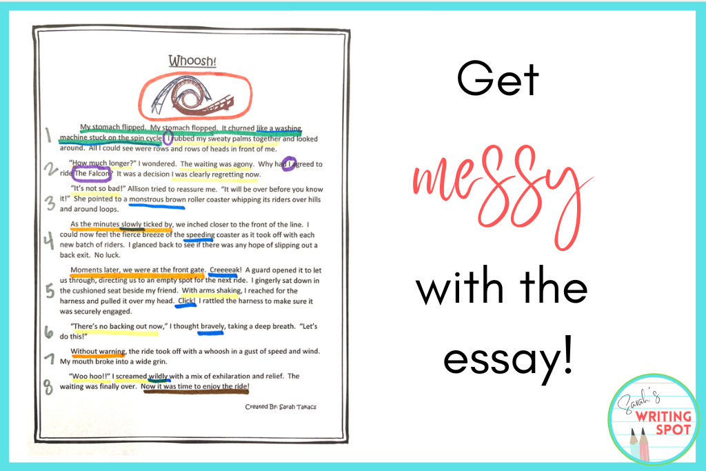 Get messy with example narrative essays like the picture shows.  Make it colorful using markers to underline important parts of the text.