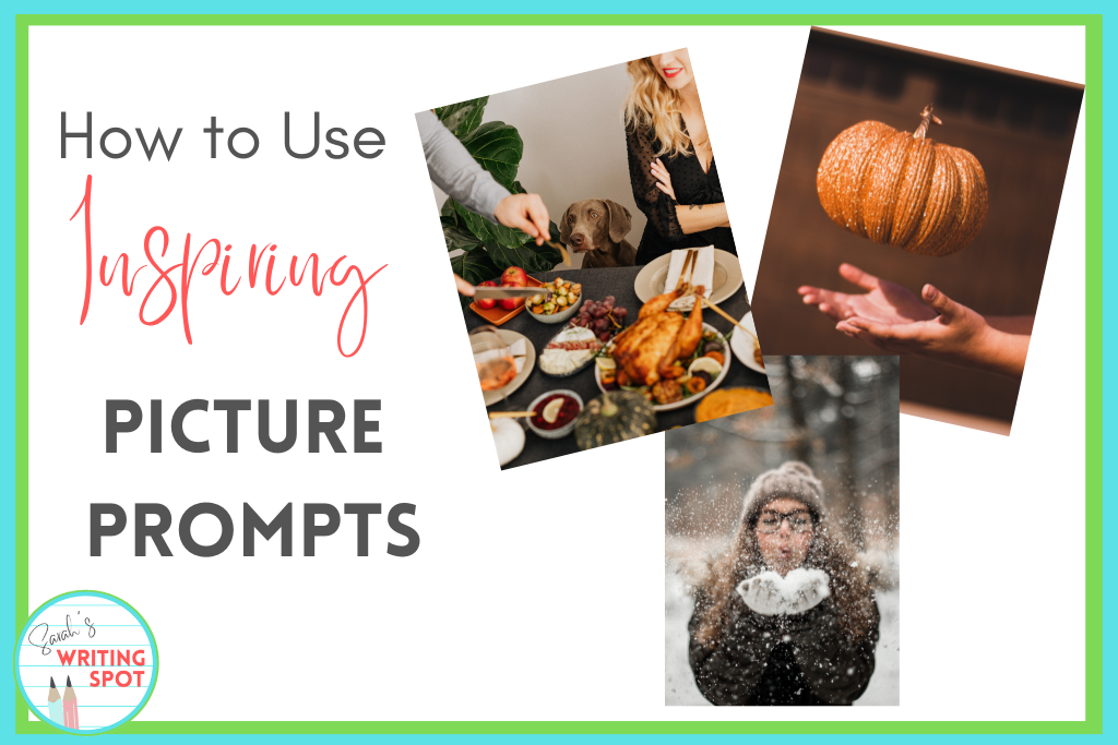 A woman blowing snow, a floating pumpkin, and a hungry dog at dinner are examples of writing prompts with pictures.