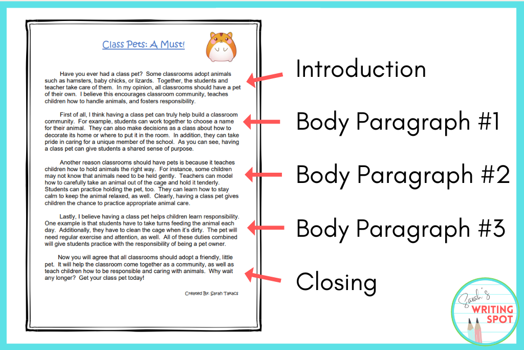 A clearly labeled essay answers the question "what is a 5 paragraph essay."  It includes an introduction, 3 body paragraphs, and a closing.