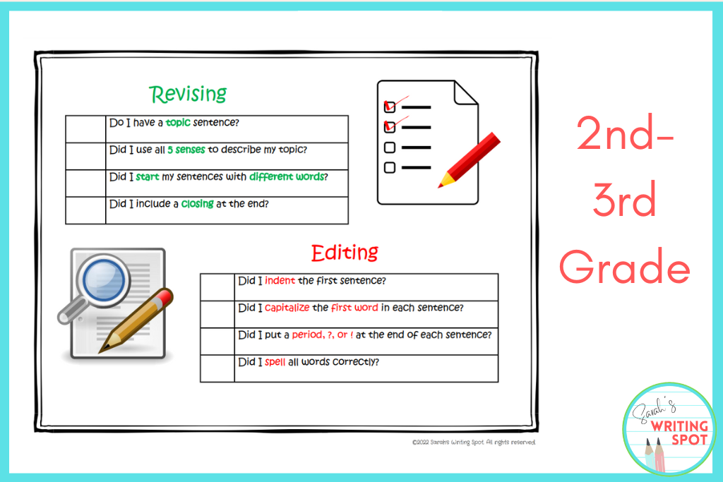 An image of a revising and editing checklist is shown for 2nd-3rd graders.