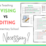 The question "Is teaching revising vs editing in elementary school necessary?" is asked with 2 examples of revising and editing checklists on display.