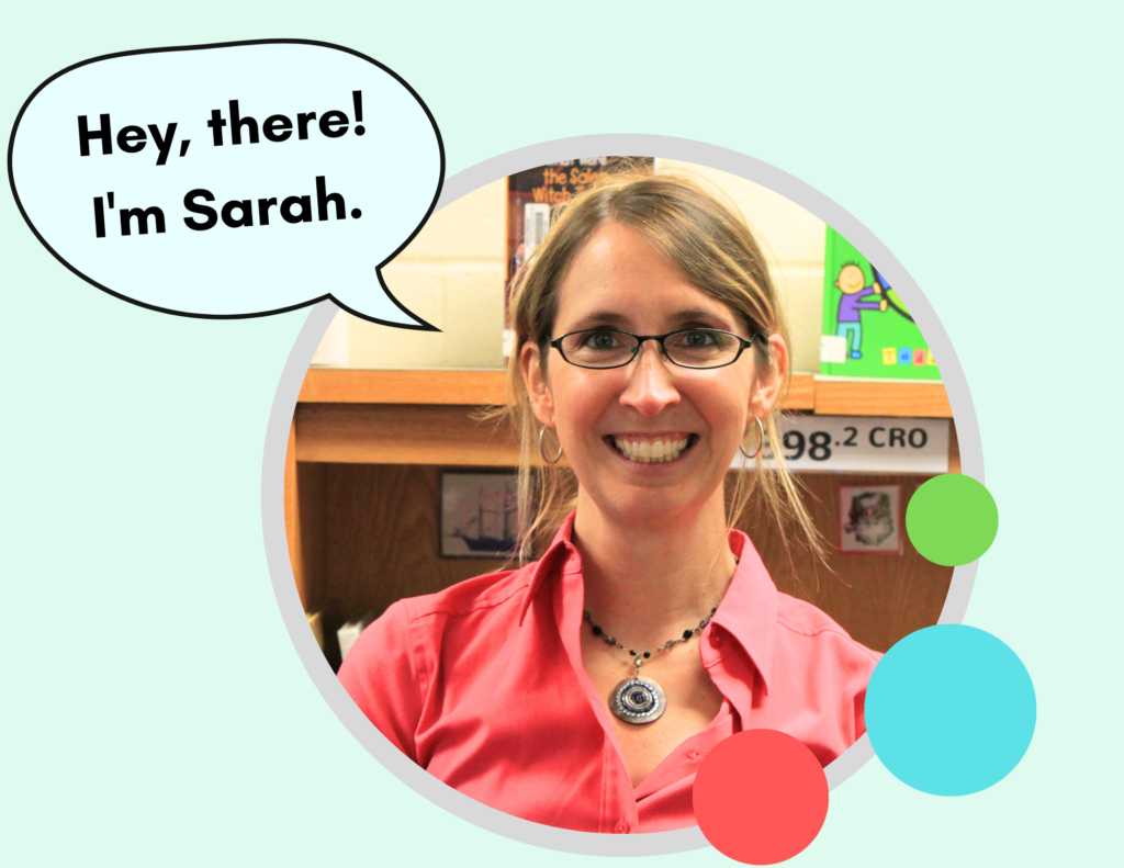 A picture of an elementary essay writing teacher named Sarah introduces herself.