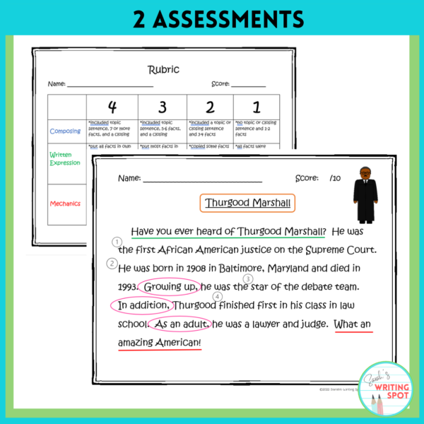 After writing a biography paragraph, students can be assessed using the rubric included in the unit