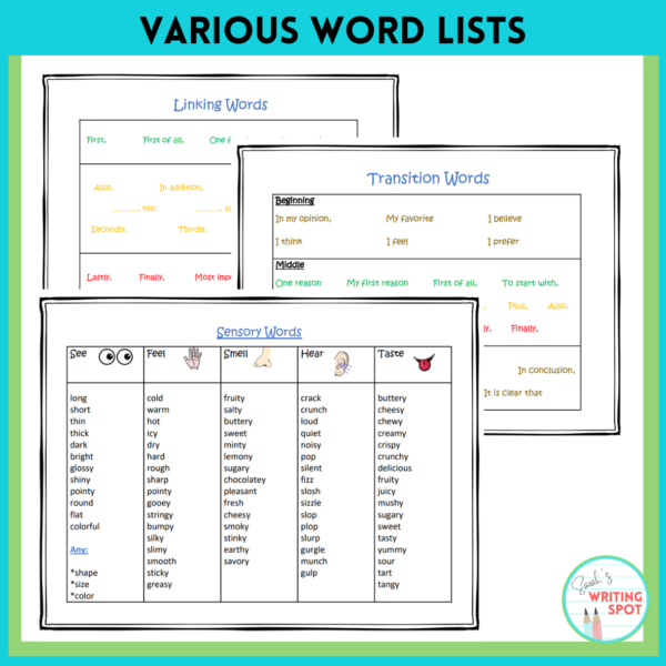 Examples of a descriptive paragraph, opinion paragraph, and research paragraph are included in this bundle along with graphic organizers for sensory and transition words