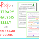 The cover title is How to Rock a Literary Analysis Essay with Middle Grade Students. There are two literary essays displayed. One is colored and labeled.