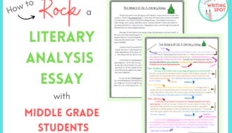 The cover title is How to Rock a Literary Analysis Essay with Middle Grade Students. There are two literary essays displayed. One is colored and labeled.