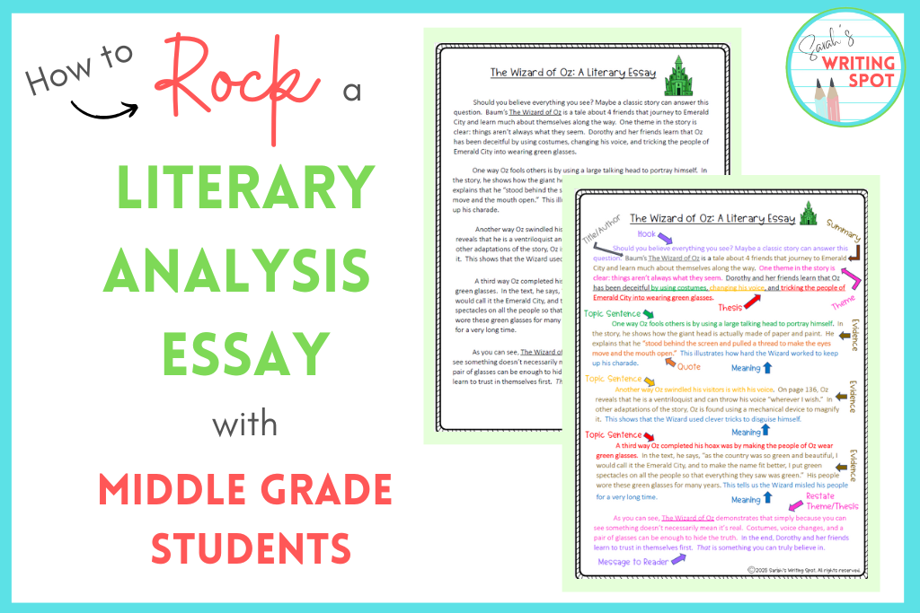 The cover title is How to Rock a Literary Analysis Essay with Middle Grade Students. There are two literary essays displayed. One is colored and labeled.